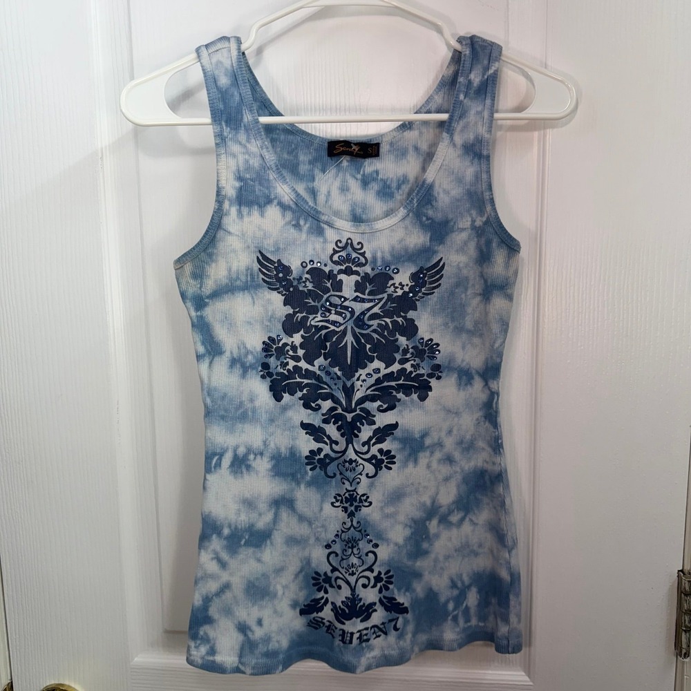 Seven7 blue tie dye ribbed stretch 100% cotton muscle tank top casual scoop neck